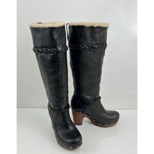 Ugg Savanna Clog Boots Women's Black Leather Knee High Size 6  Sheepskin Lined